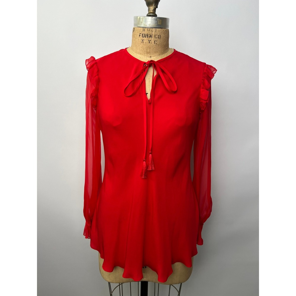Elie Tahari Raisa Silk Blouse Glossy Red Tie Neck Tassel Ruffle XS E310N568